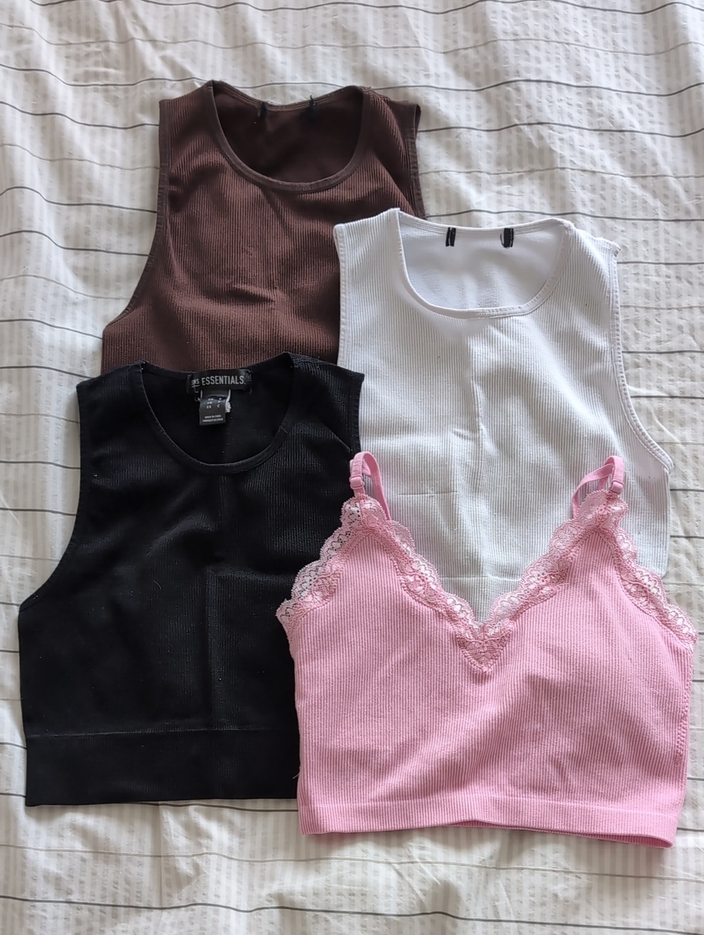 4 pack Streetwear Society Ribbed Tank, Lace Crop Set - Brown, Black, White, Pink